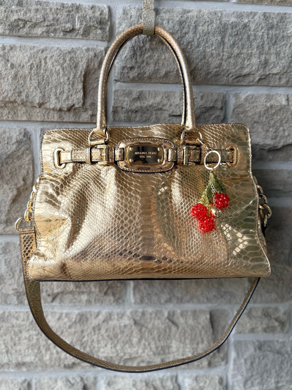 Michael Kors Hamilton Metallic Gold Python Embossed Leather Satchel